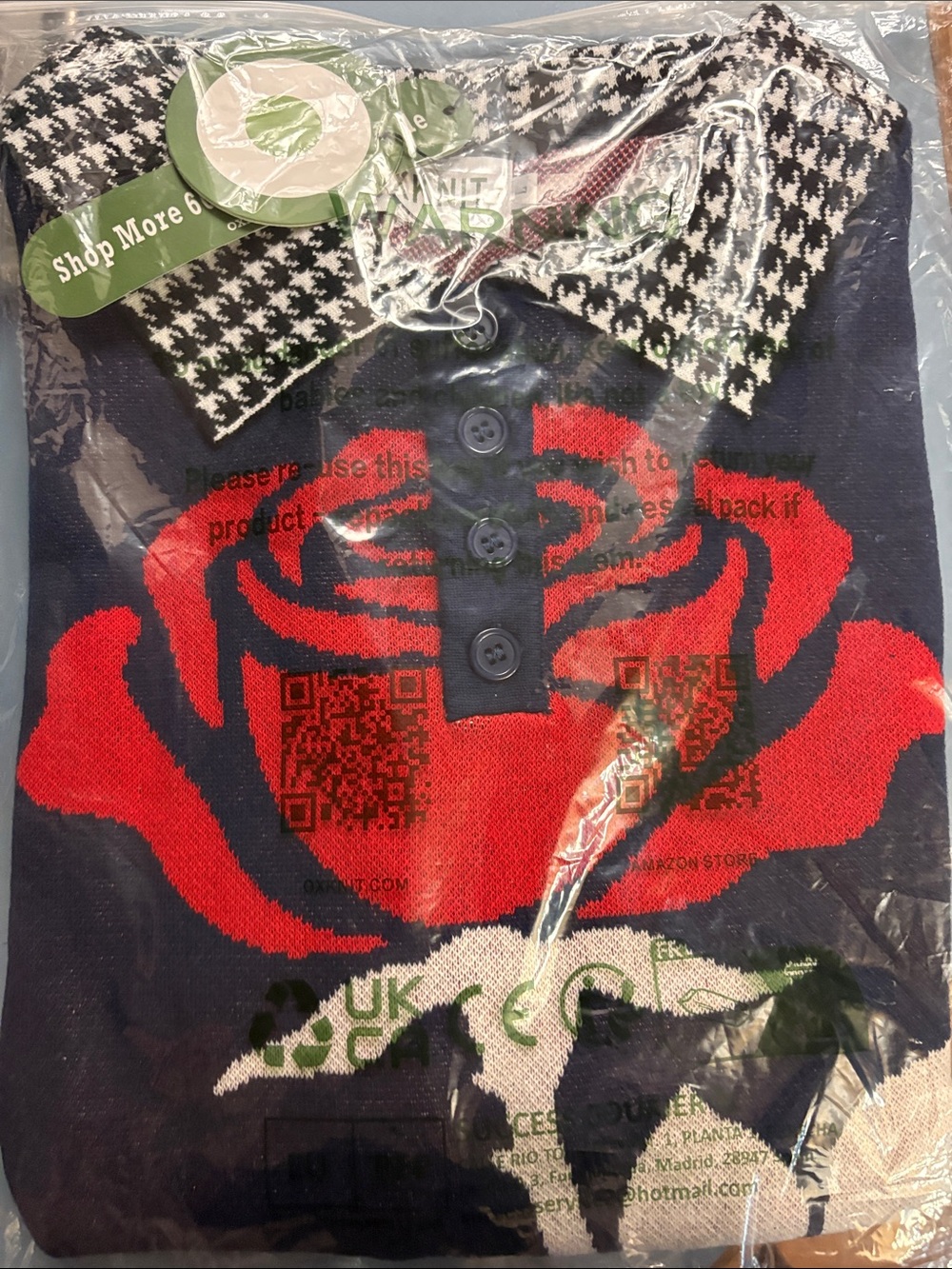 Men's Navy Dress Shirt with Red Rose Knit Detail